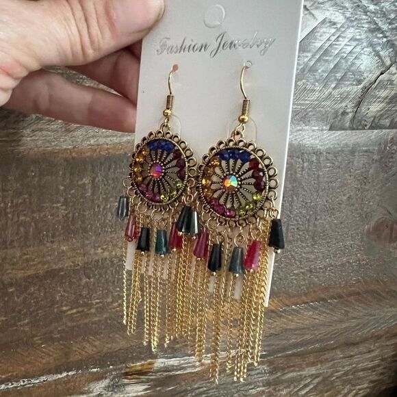 New Gorgeous Rhinestone Decor Metal Tassel Drop Earrings multicolor - Picture 6 of 6